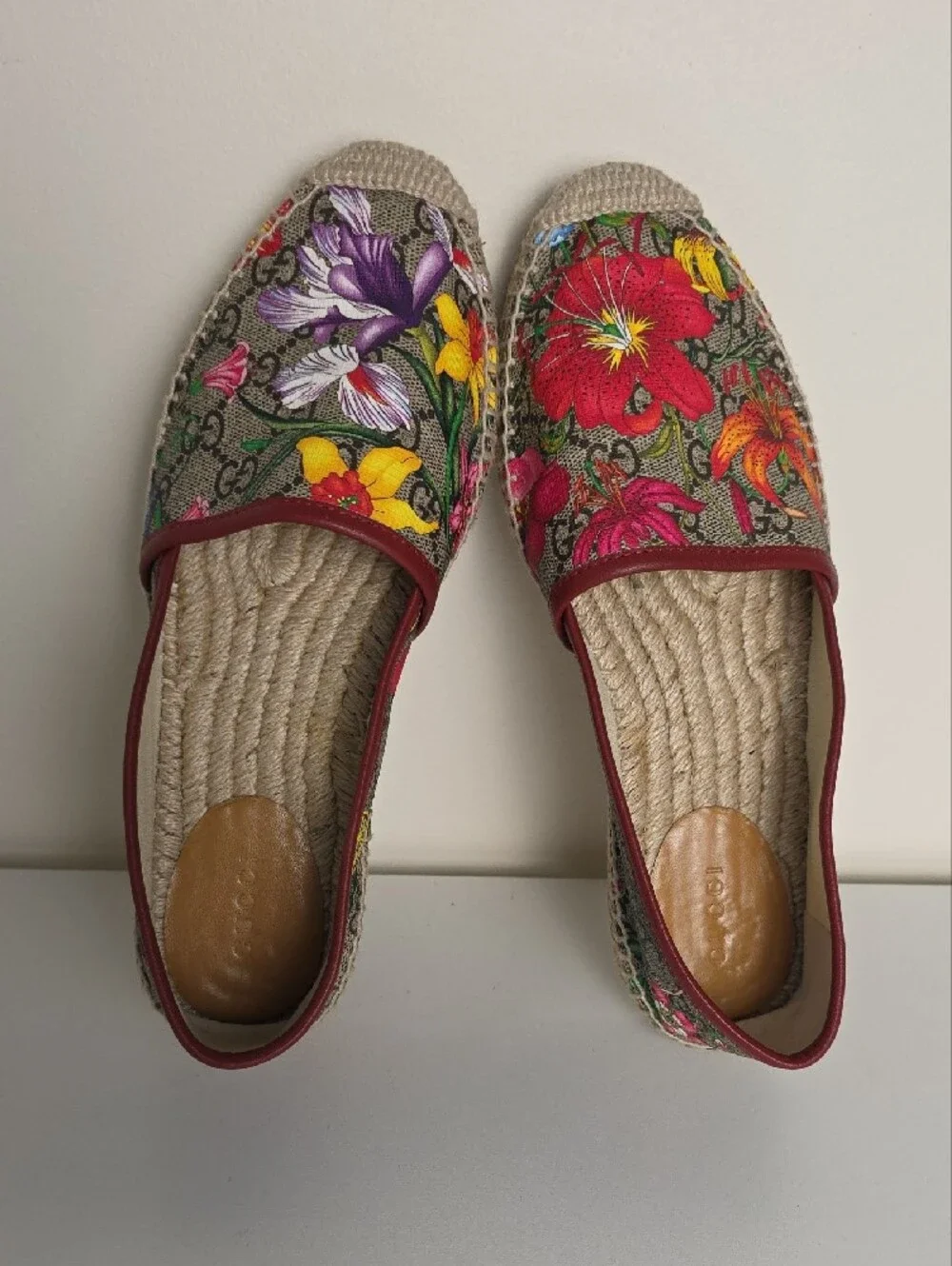 Gucci GG Floral Canvas Espadrilles - Red, Yellow, Purple, Green.  Size 37 1/2